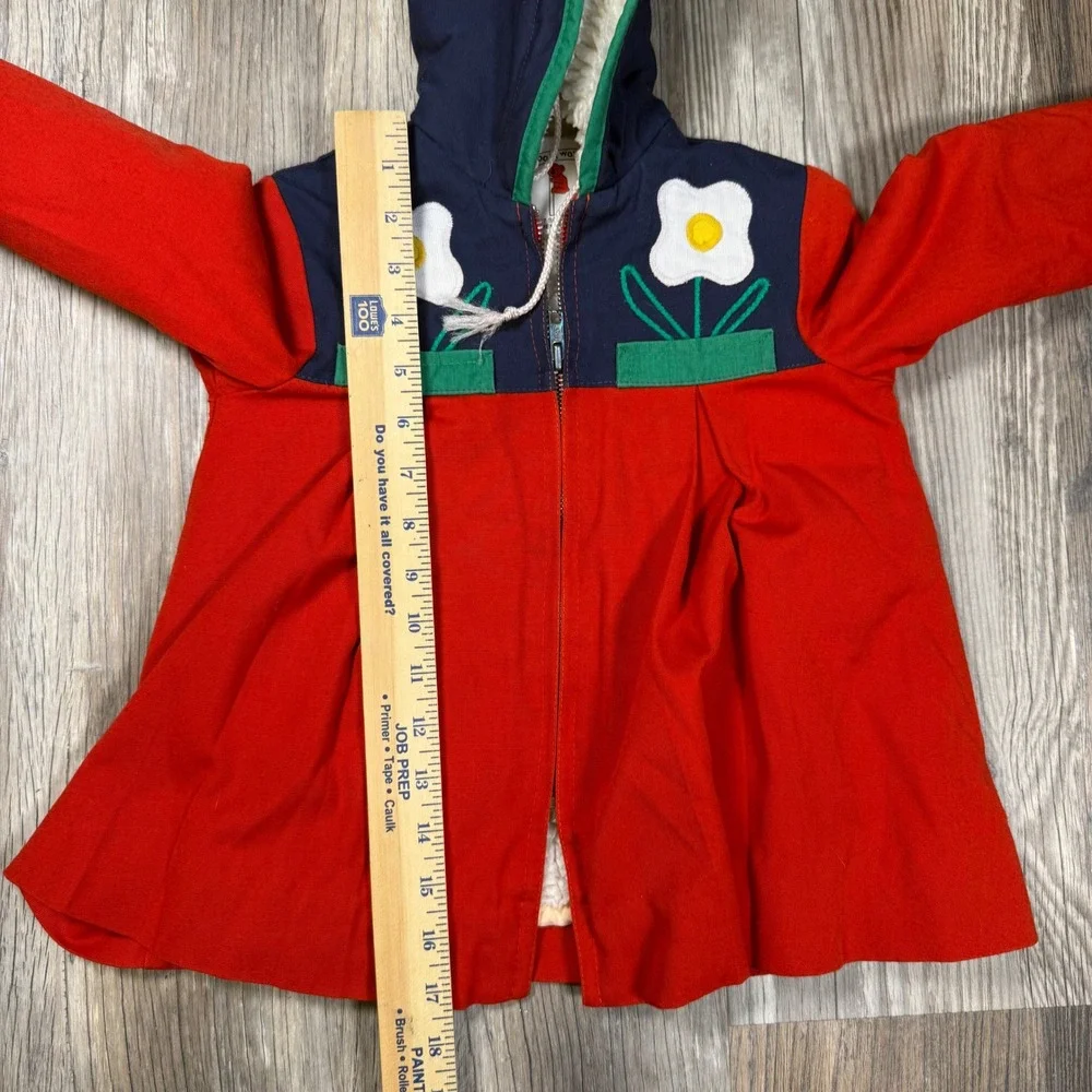 Vintage Koala Way Kids Red Navy Sherpa Lined Floral Applique Hooded Coat Size 3